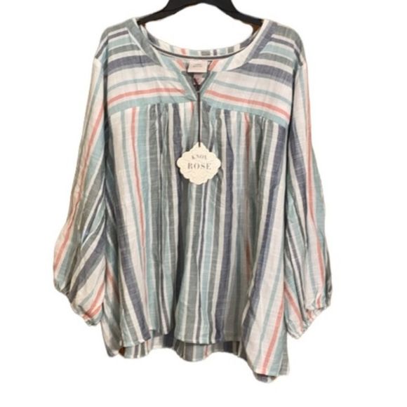Knox Rose Size 4X Striped Bishop/Peasant 3/4 Sleeve Embroidered Blouse - Picture 1 of 8